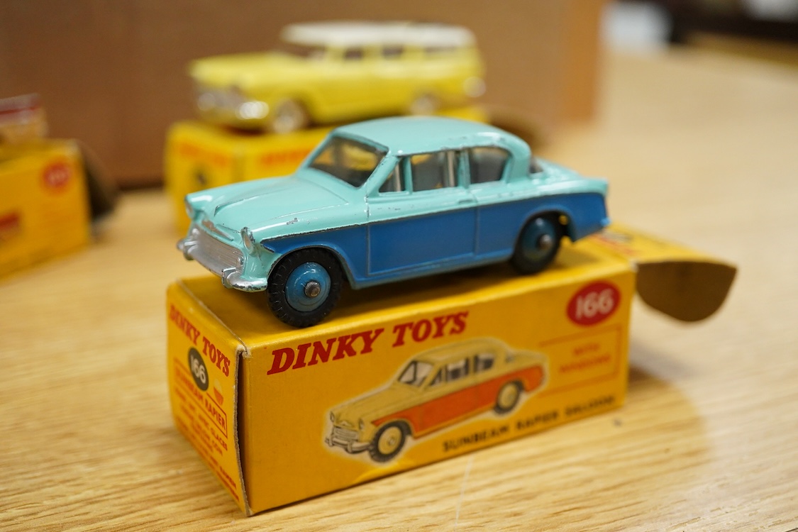 Six boxed Dinky Toys; Rolls-Royce Silver Wraith (150), Sunbeam Rapier Saloon (166), Studebaker Golden Hawk (169), Studebaker Land Cruiser (172), Hudson Hornet Sedan (174), and Rambler Cross Country Station Wagon (193)